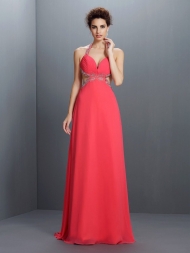 A-Line/Princess Halter Beading Sleeveless Long Chiffon Dresses