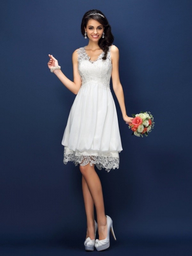 A-Line/Princess V-neck Lace Sleeveless Short Satin Bridesmaid Dresses