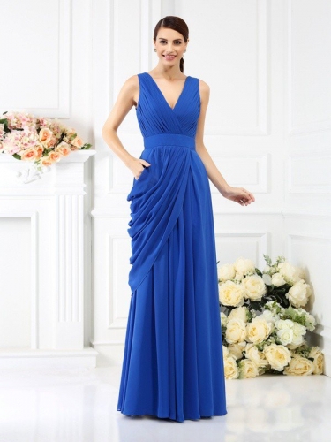 A-Line/Princess V-neck Pleats Sleeveless Long Chiffon Bridesmaid Dresses