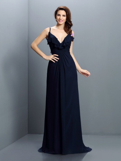 A-Line/Princess Spaghetti Straps Pleats Sleeveless Long Chiffon Bridesmaid Dresses [50487]