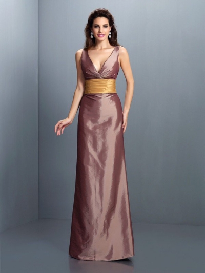 Sheath/Column V-neck Pleats Sleeveless Long Taffeta Dresses [50515]