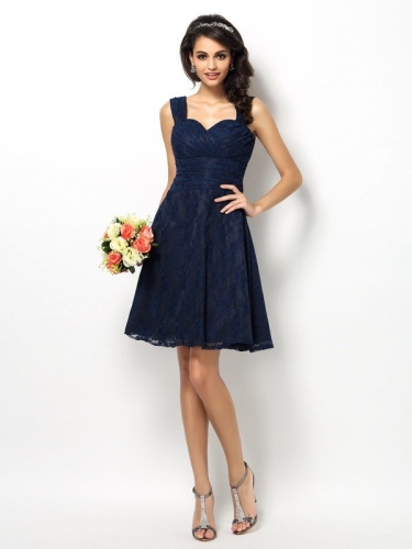 A-Line/Princess Straps Lace Sleeveless Short Satin Bridesmaid Dresses