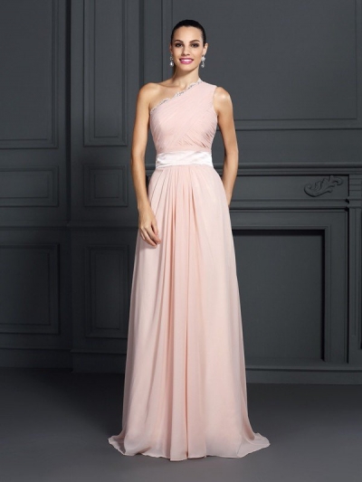 A-Line/Princess One-Shoulder Ruffles Sleeveless Long Chiffon Dresses [50737]