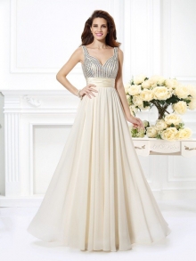 A-Line/Princess Straps Beading Sleeveless Long Chiffon Dresses