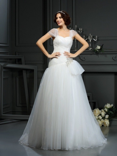 A-Line/Princess Sweetheart Beading Sleeveless Long Organza Wedding Dresses