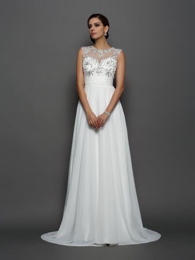 A-Line/Princess Bateau Applique Sleeveless Long Chiffon Dresses [51174]