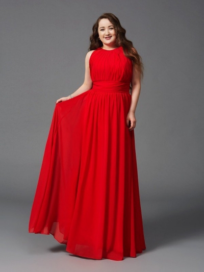 A-Line/Princess Jewel Ruched Sleeveless Long Chiffon Plus Size Dresses [60215]