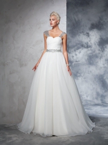 Ball Gown Straps Ruched Sleeveless Long Net Wedding Dresses