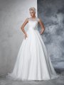 Ball Gown Sheer Neck Lace Sleeveless Long Net Wedding Dresses