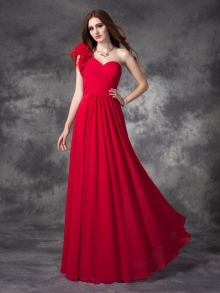 A-line/Princess One-Shoulder Hand-Made Flower Sleeveless Long Chiffon Dresses