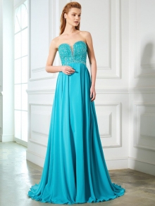 A-Line/Princess Sweetheart Beading Sleeveless Chiffon Sweep/Brush Train Dresses