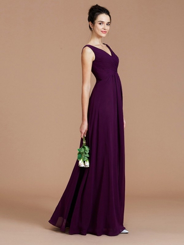 A-Line/Princess V-neck Sleeveless Ruched Floor-Length Chiffon Bridesmaid Dresses