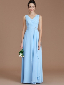 A-Line/Princess V-neck Sleeveless Ruched Floor-Length Chiffon Bridesmaid Dresses