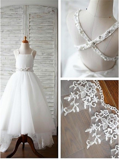 A-line/Princess Spaghetti Straps Sleeveless Beading Sweep/Brush Train Organza Flower Girl Dresses