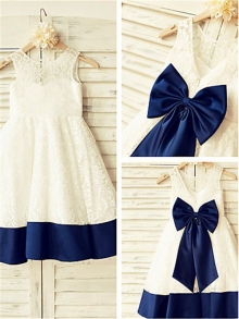 A-line/Princess Sleeveless Scoop Bowknot Floor-Length Lace Flower Girl Dresses