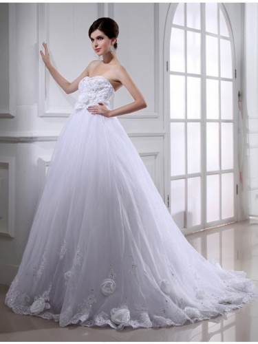 Ball Gown Beading Hand-made Flower Strapless Sleeveless Long Organza Wedding Dresses