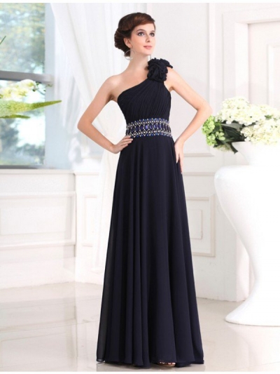 Sheath/Column Beading One-shoulder Sleeveless Long Chiffon Dresses [N13ZAYS5641]