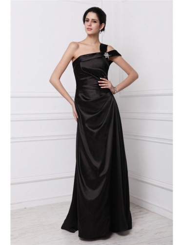 Sheath/Column One-Shoulder Sleeveless Beading Long Elastic Woven Satin Dresses