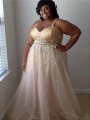 A-Line/Princess Spaghetti Straps Sleeveless Beading Floor-Length Tulle Plus Size Dresses