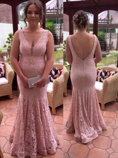 Trumpet/Mermaid V-neck Sleeveless Beading Floor-Length Lace Plus Size Dresses [N171212PO312]