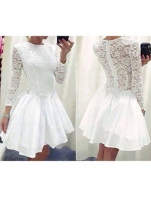 A-Line/Princess Long Sleeves Scoop Lace Chiffon Short/Mini Dresses