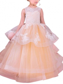 Ball Gown Jewel Sleeveless Lace Floor-Length Tulle Flower Girl Dresses