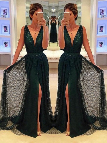 A-Line/Princess Sleeveless V-neck Sequins Sash/Ribbon/Belt Sweep/Brush Train Dresses