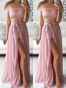 A-Line/Princess Off-the-Shoulder Sleeveless Chiffon Floor-Length Lace Two Piece Dresses