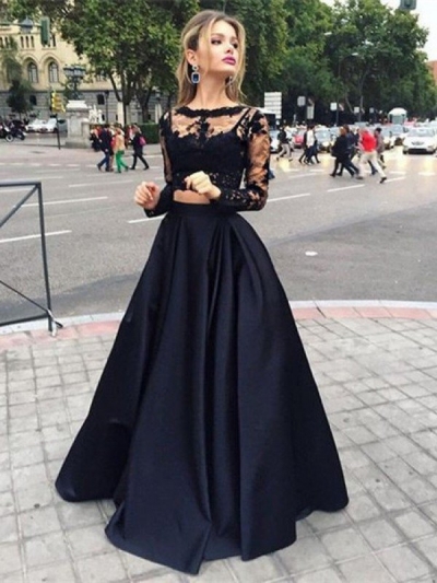 Ball Gown Long Sleeves Bateau Satin Floor-Length Dresses [PON1506EV349]