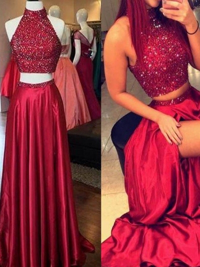 A-Line/Princess High Neck Sleeveless Sequin Floor-Length Taffeta Dresses