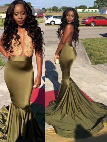 Trumpet/Mermaid Sleeveless Scoop Sweep/Brush Train Satin Dresses
