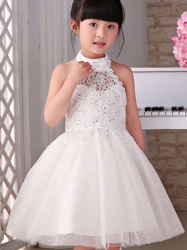 A-line/Princess Halter Sleeveless Beading Tulle Knee-Length Flower Girl Dresses