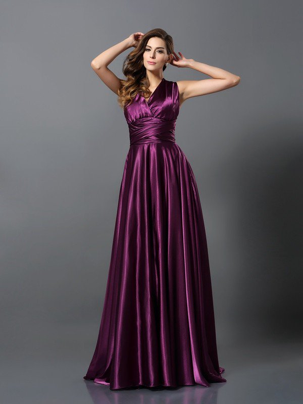 A-Line/Princess Pleats Sleeveless Long Silk like Satin Bridesmaid ...